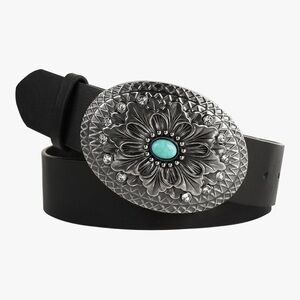 Black Leather Belt with Silver Floral Buckle